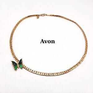 Vintage Avon Butterfly Necklace Gold Tone Green Enamel Accent 14 3/4 Inch